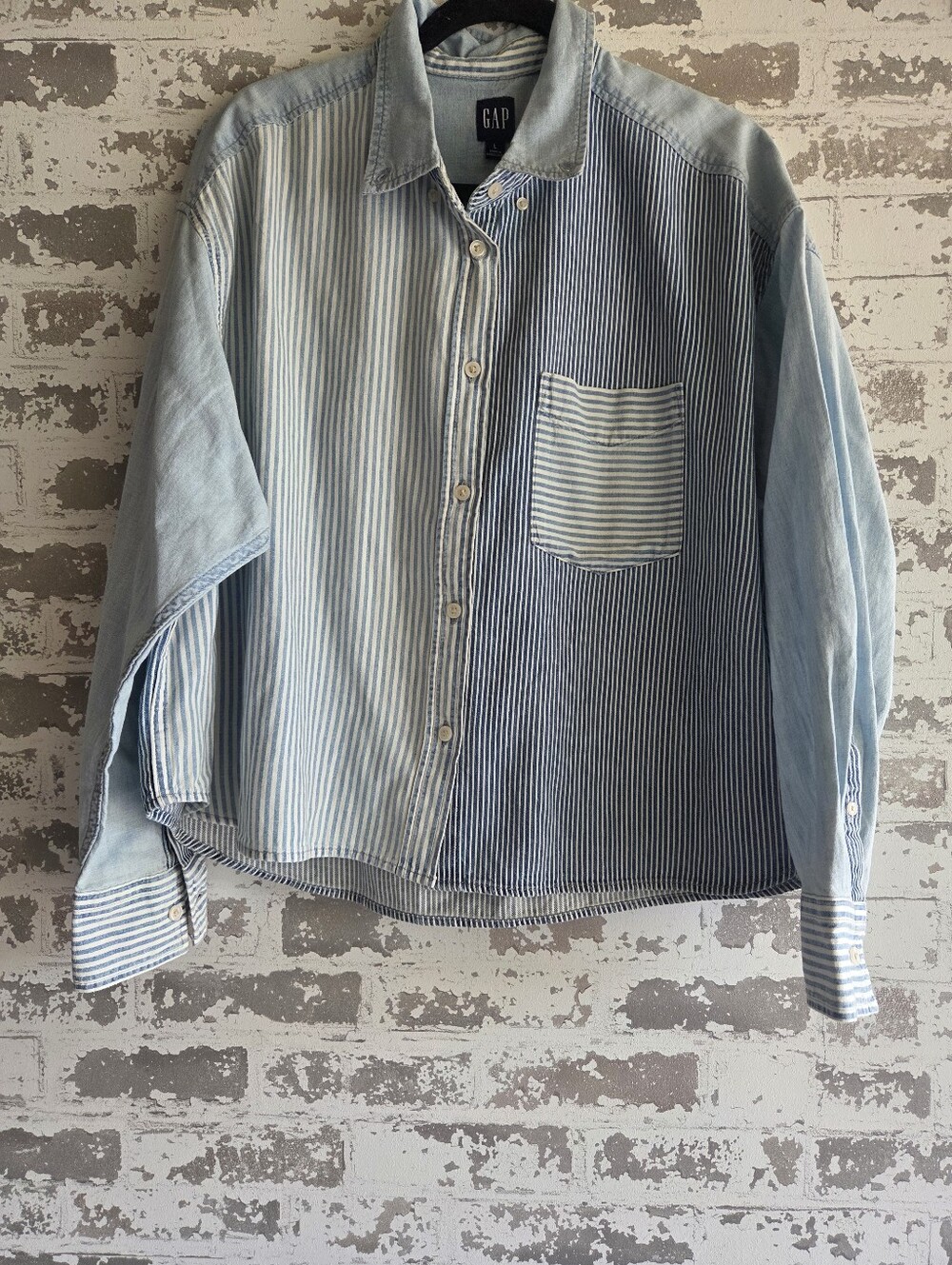 NWT GAP Denim Cropped Big Shirt Mixed Stripes Colorblock Button Down Large